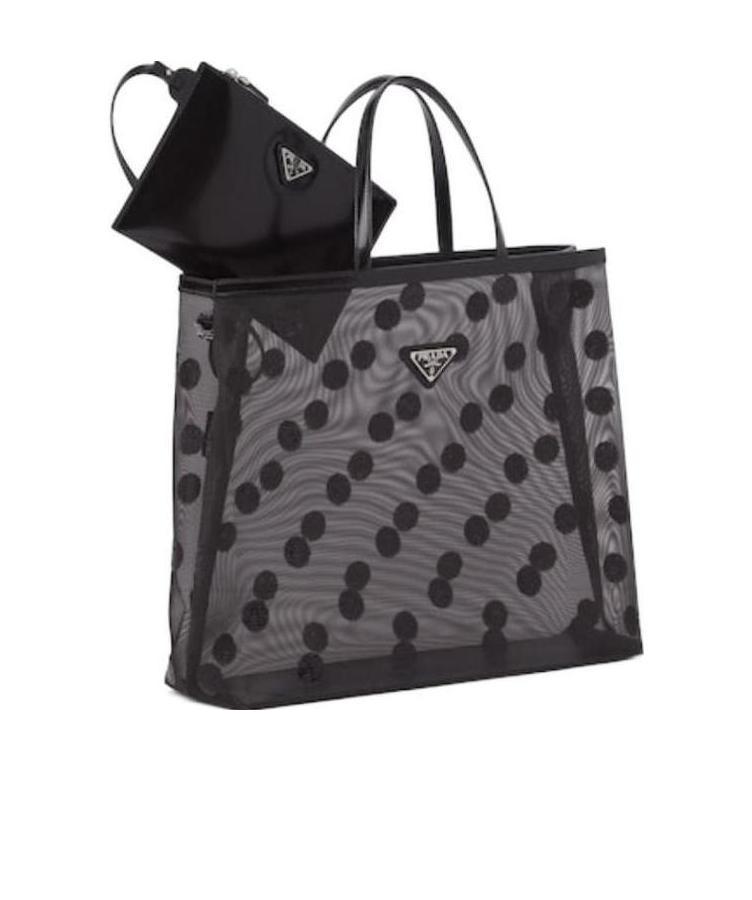 Shop Prada Polka-dot Mesh Tote Bag In Black