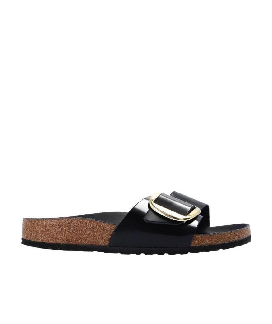 Birkenstock Madrid Slide In Lacquered Leather With Large Buckle In Black