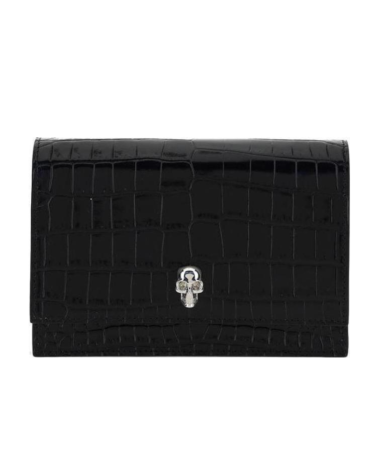 Alexander Mcqueen Mini Skull Croc Embossed Leather Shoulder Bag In Black