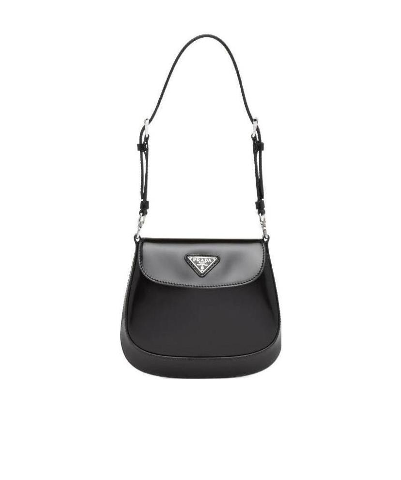 Prada Cleo Brushed Leather Shoulder Bag With Flap In Black