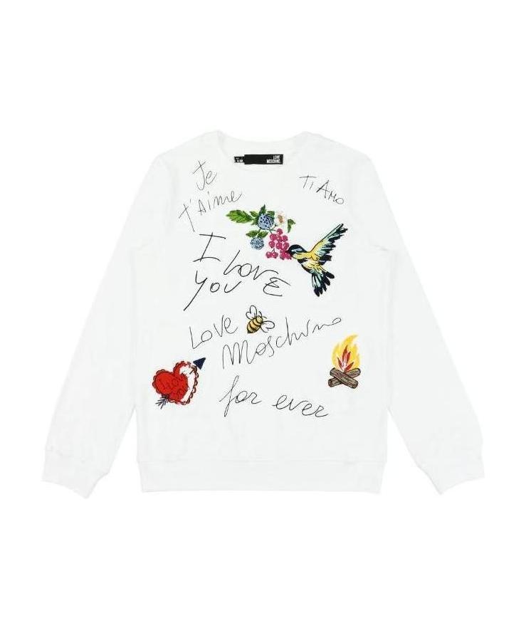 Moschino Printed Round Collar Long-sleeved Sweater In White
