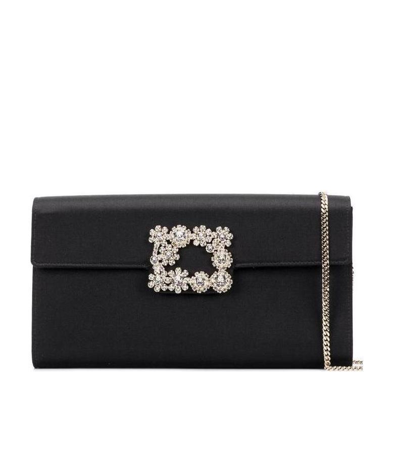 Roger Vivier Flower Strass Buckled Clutch In Black