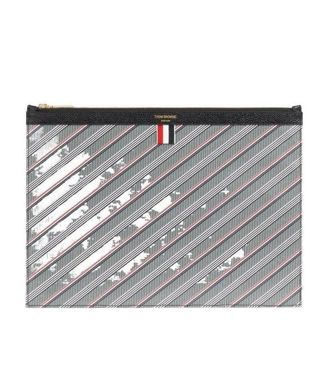 Thom Browne Striped Logo-print Pouch In Gray