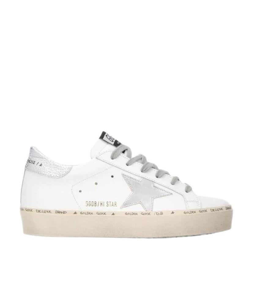 Golden Goose Hi Star Sneakers With Star And Heel Tab In Metallic Silver In White