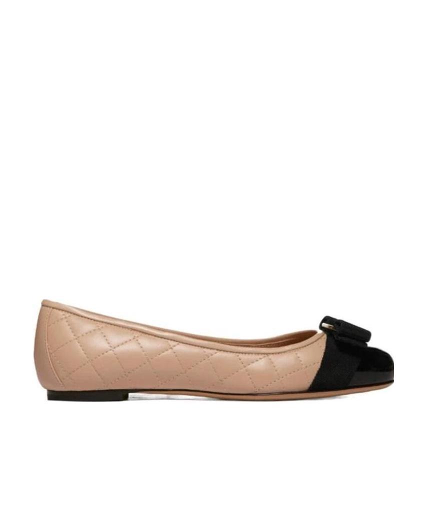 Ferragamo Varina Bow-embellished Quilted Smooth And Patent-leather Ballet Flats In Nude