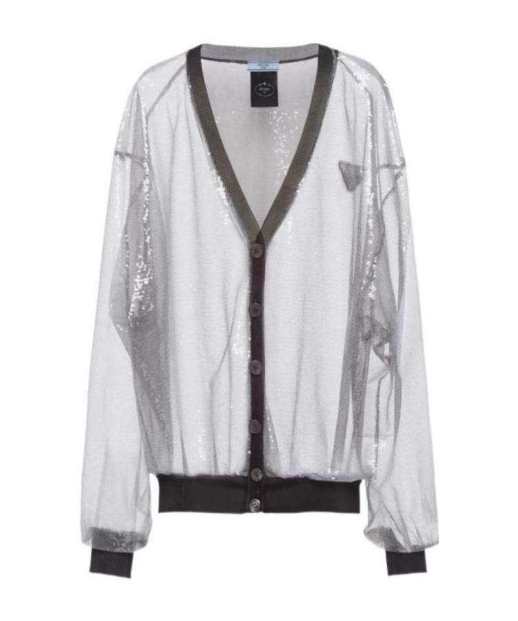 Prada Sheer Sequin-embellished Tulle Cardigan In Gray