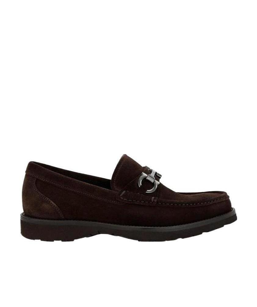 Ferragamo Block Heel Leather Loafers With Metal Detail In Black