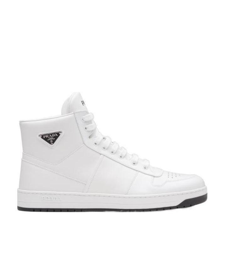 Prada Triangle-logo Leather High-top Sneakers In White