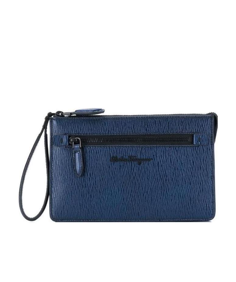 FERRAGAMO NAVY BLUE ZIPPER CLUTCH 