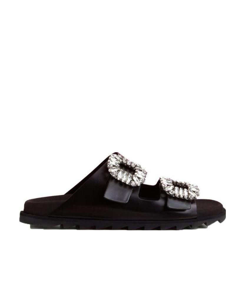 Roger Vivier Slidy Viv Crystal-embellished Leather Slides In Black
