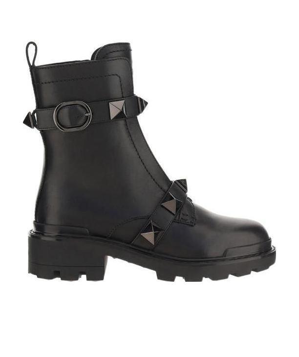 Valentino Roman Stud Leather Combat Boots In Black