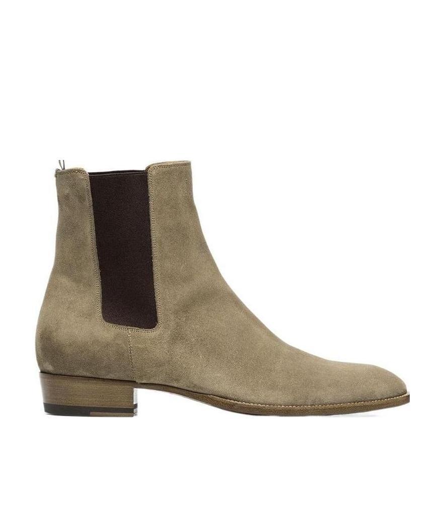 Saint Laurent Wyatt 30 Light Brown Suede Ankle Boot In Nude