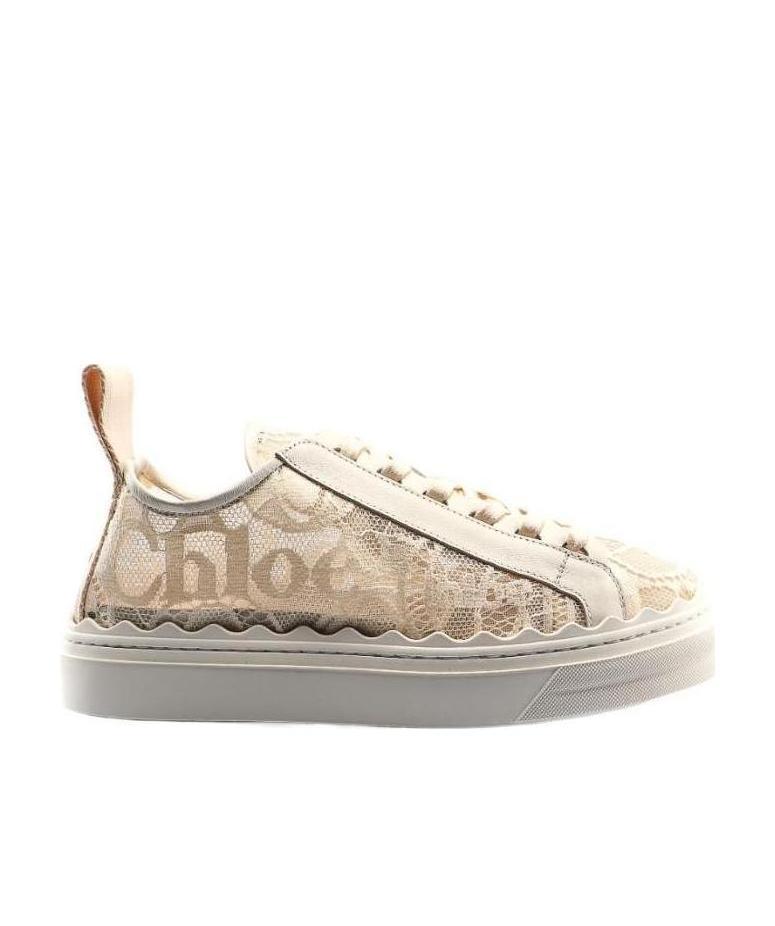 Chloé Lauren Scalloped Leather-trimmed Lace High-top Sneakers In Nude