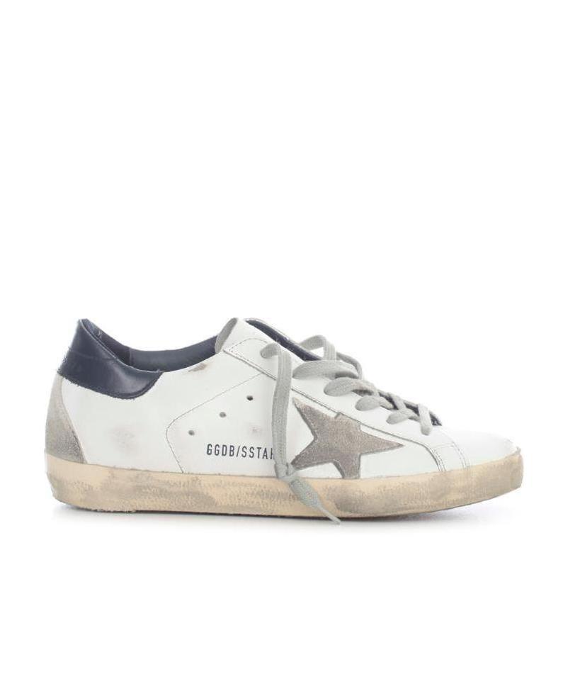 GOLDEN GOOSE MENS SUPER-STAR SNEAKERS WITH SUEDE STAR AND BLUE HEEL TAB