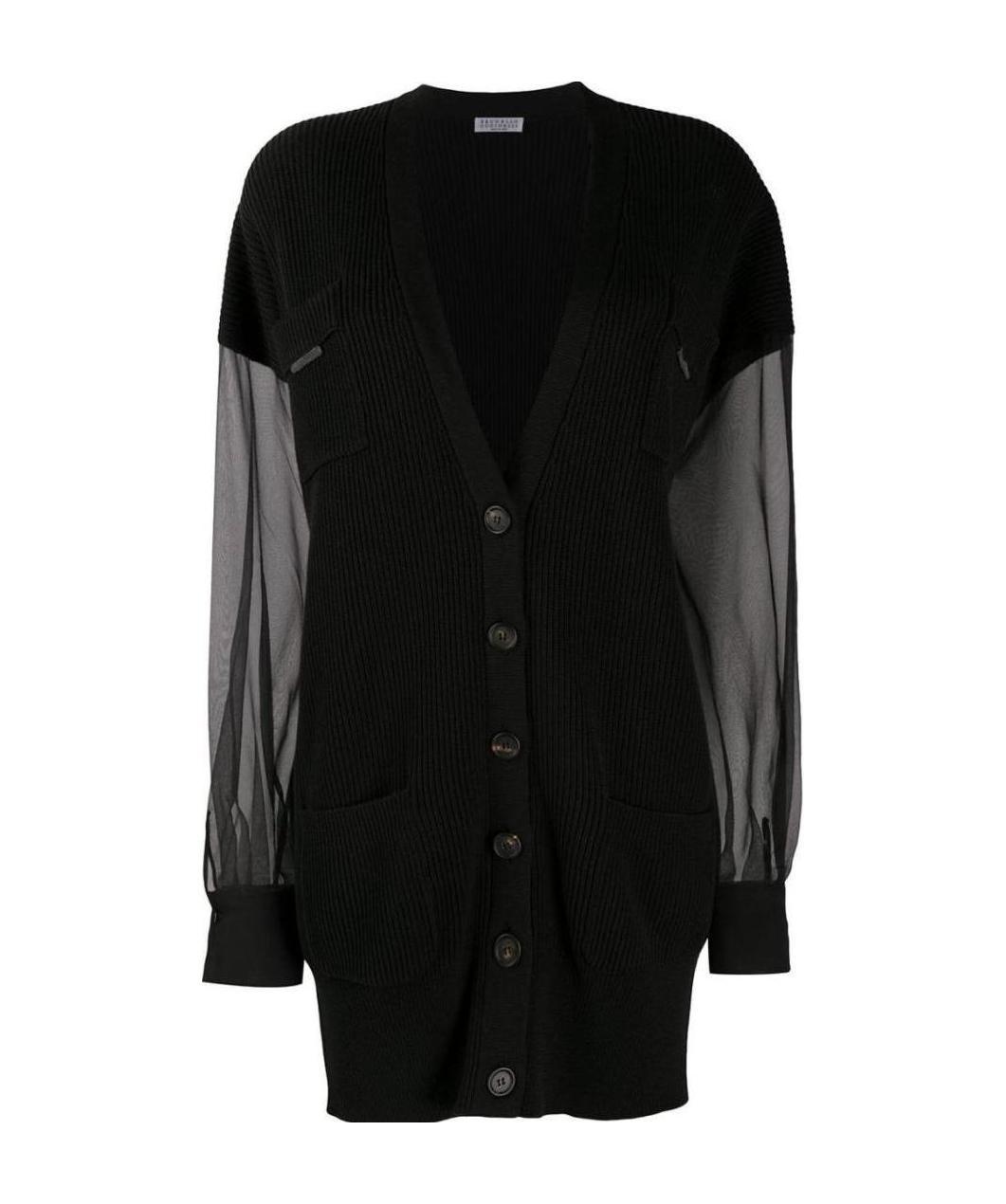 Shop Brunello Cucinelli Chiffon-sleeved Ribbed Cardigan In Black