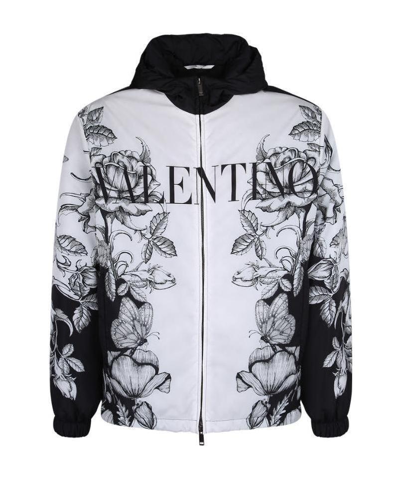 Valentino Floral-butterfly Print Hooded Jacket In White
