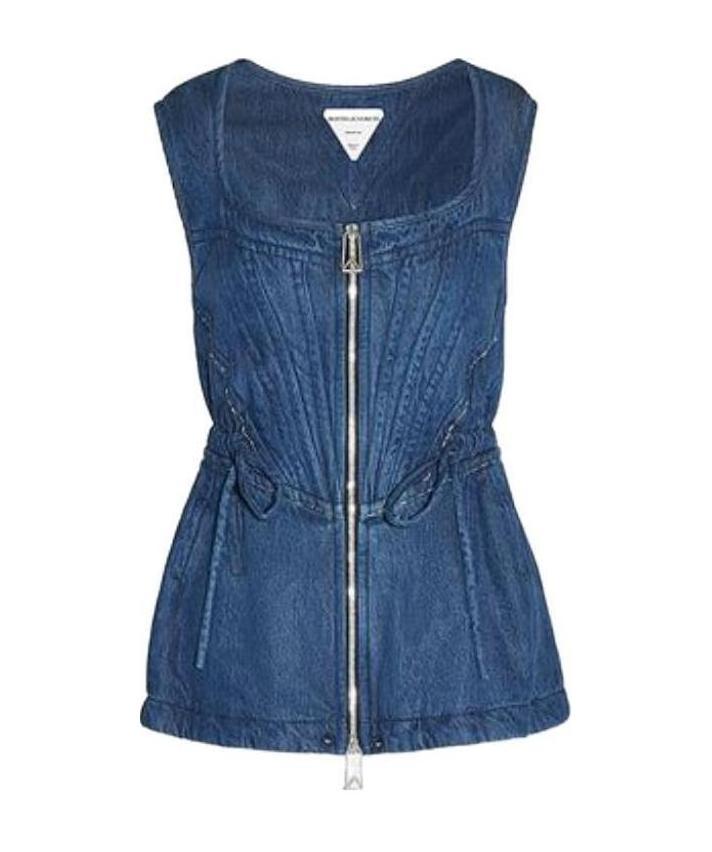 Bottega Veneta Zipped Denim Fluid Top With Drawstring In Blue