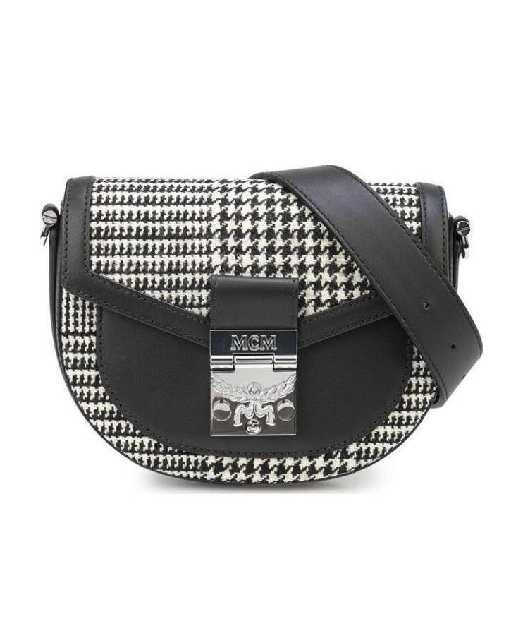 Mcm Engraved-logo Houndstooth-print Belt Bag In Black