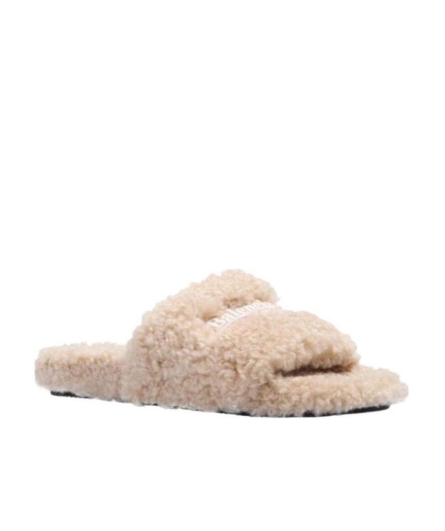 Balenciaga Campaign-logo Faux-shearling Slides In Nude