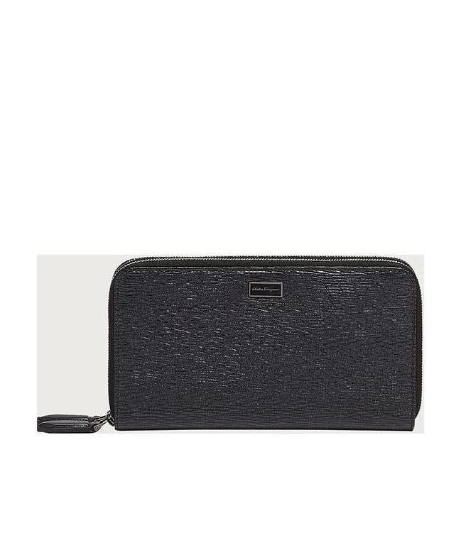 Ferragamo Salvatore Embossed Leather Zip Around Wallet In Black
