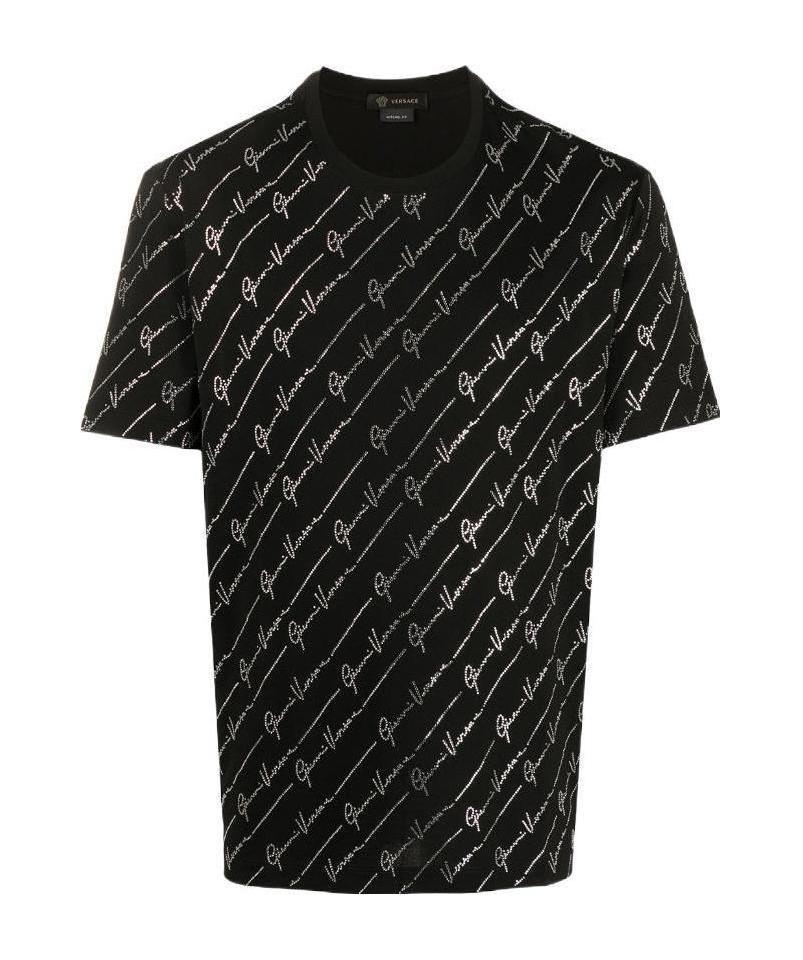 Versace Crystal Decorated Logo Inlaid T-shirt In Black