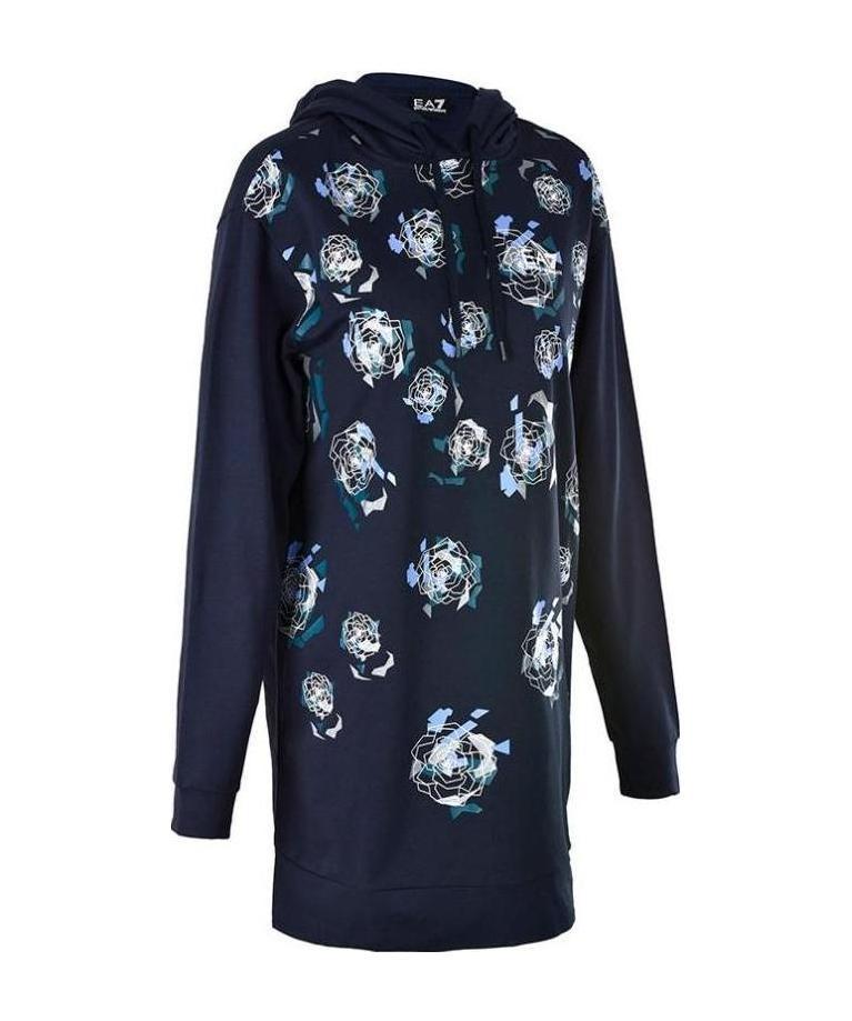 EA7 NAVY BLUE EA7 SERIES FLORAL PATTERN HOODED LONG SWEATER