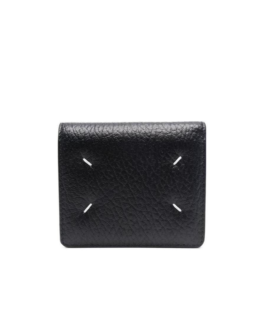 Maison Margiela Black Bifold Wallet With Stitching Detail And Key Ring In Grained Leather Woman Mais In Black