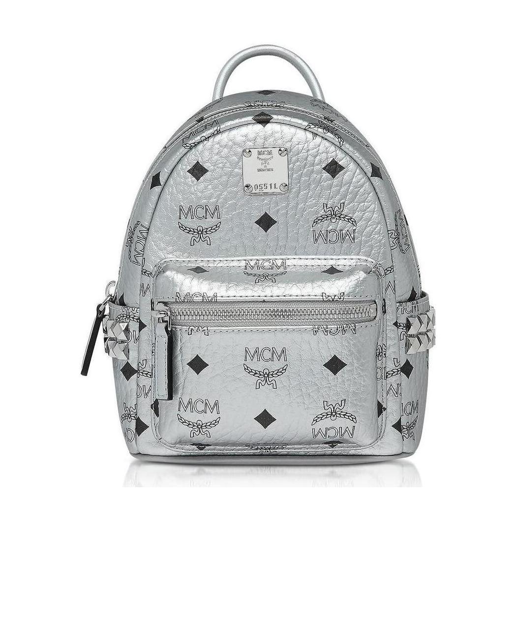 Mcm Logo Printed Backpack In Gray