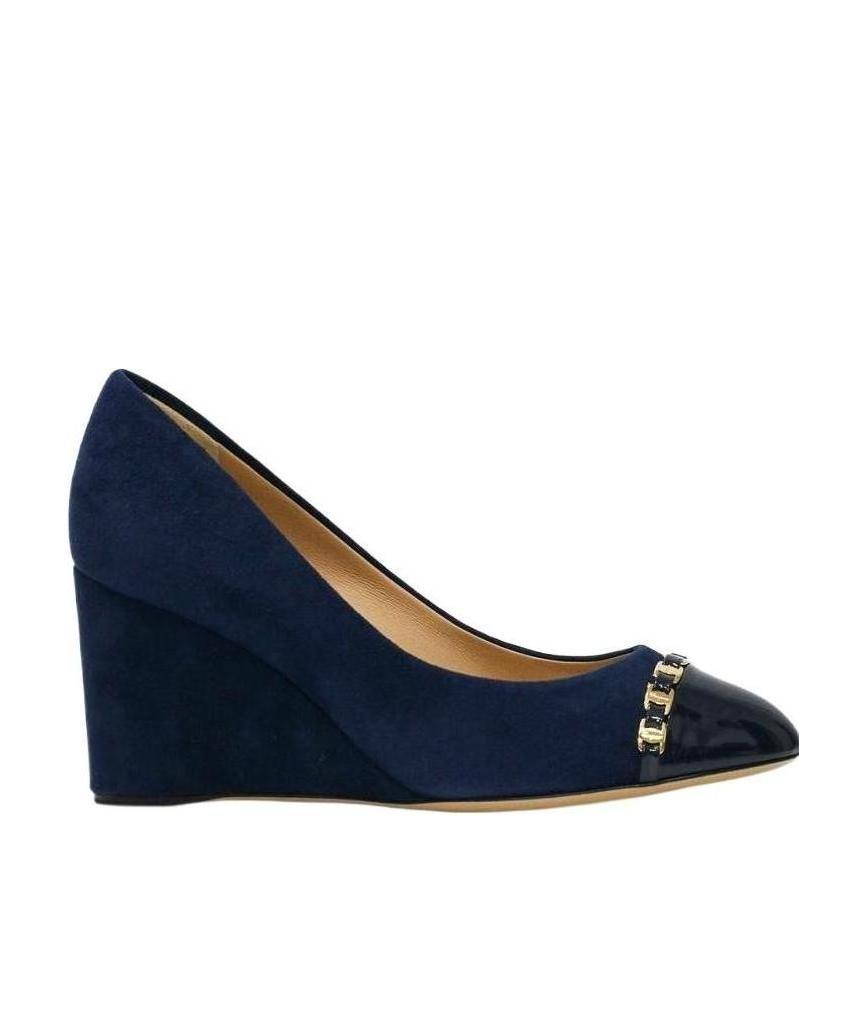 Ferragamo Stitching Design Slope Heels In Black