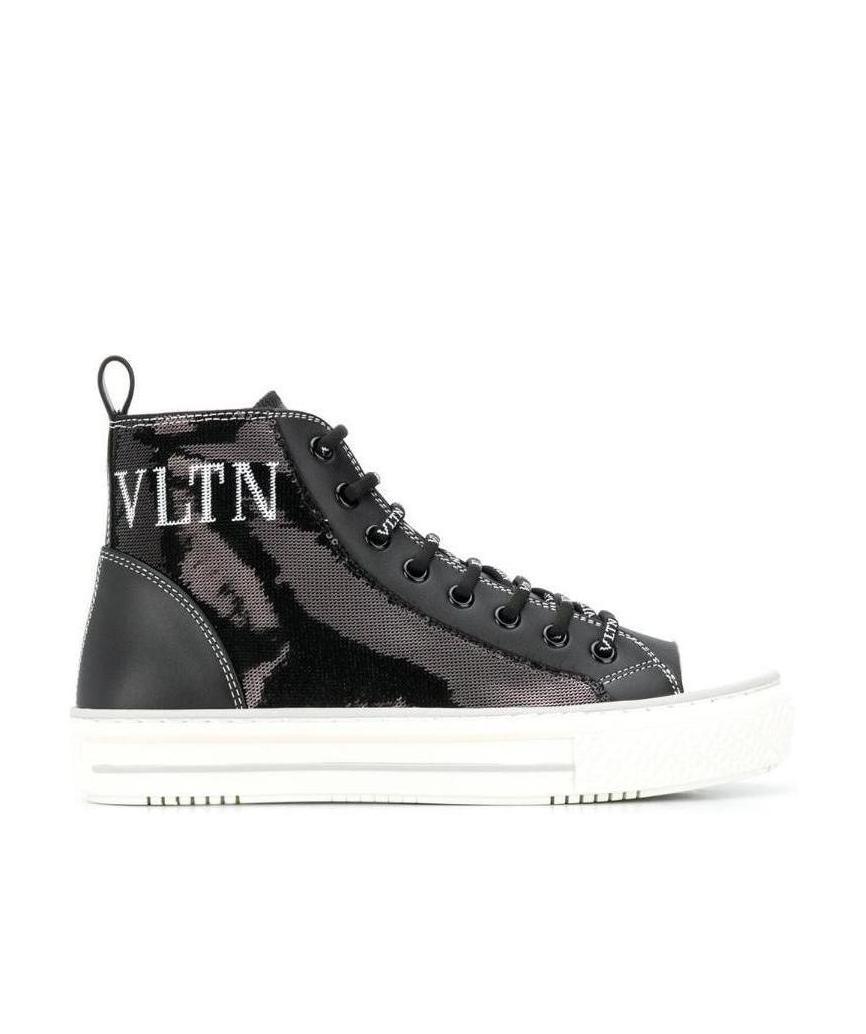 Valentino Sequins Inlaid High-top Casual Sneakers In Black