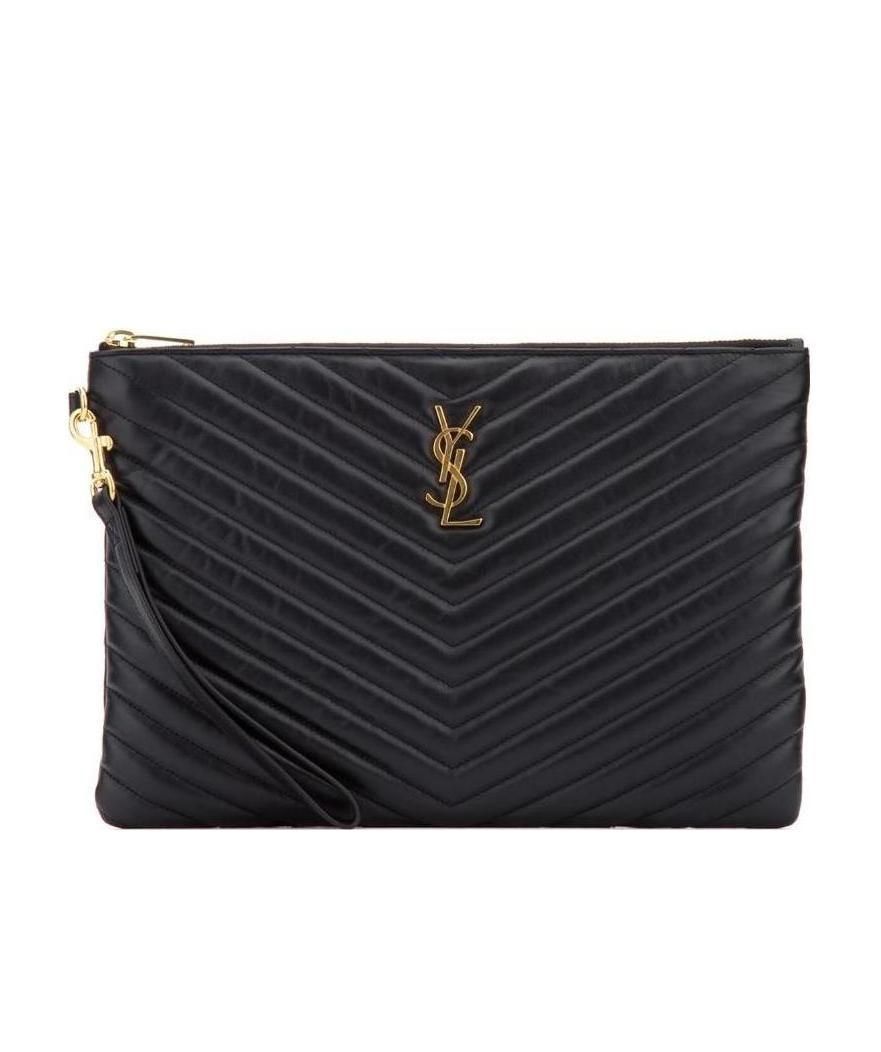 Saint Laurent Monogram Ysl Large Chevron Quilted Flat Wristlet Pouch Bag In Black