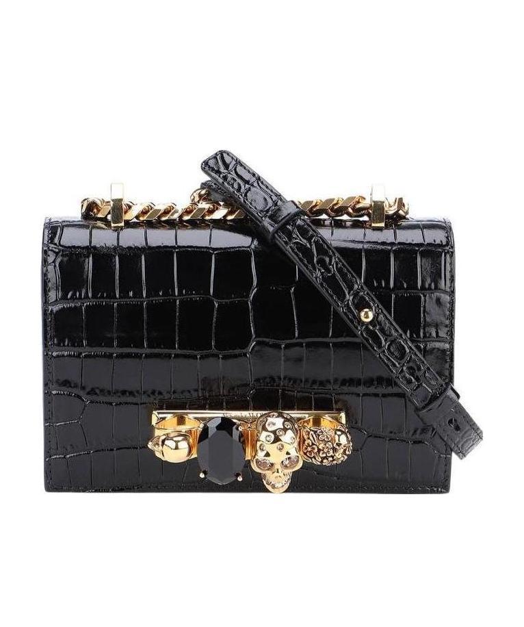 Alexander Mcqueen Jewelled Crocodile-effect Satchel In Black