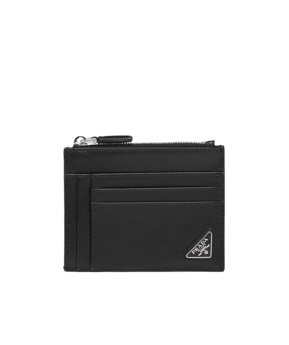 Prada Triangle Logo Saffiano Leather Zip Cardholder In Black