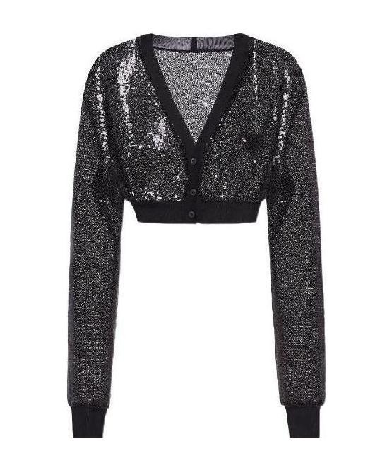 Prada Cropped Sequin-embroidered Cardigan In Black