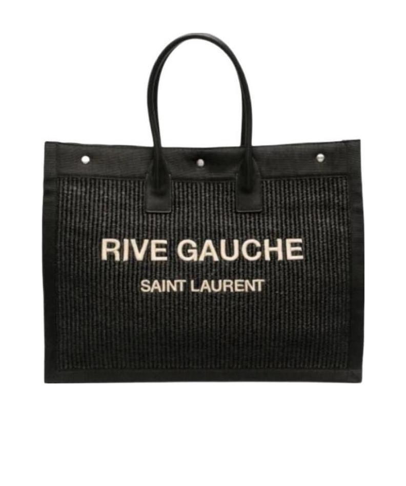 Saint Laurent Women's Rive Gauche Small Tote Bag In Raffia And Leather In Black