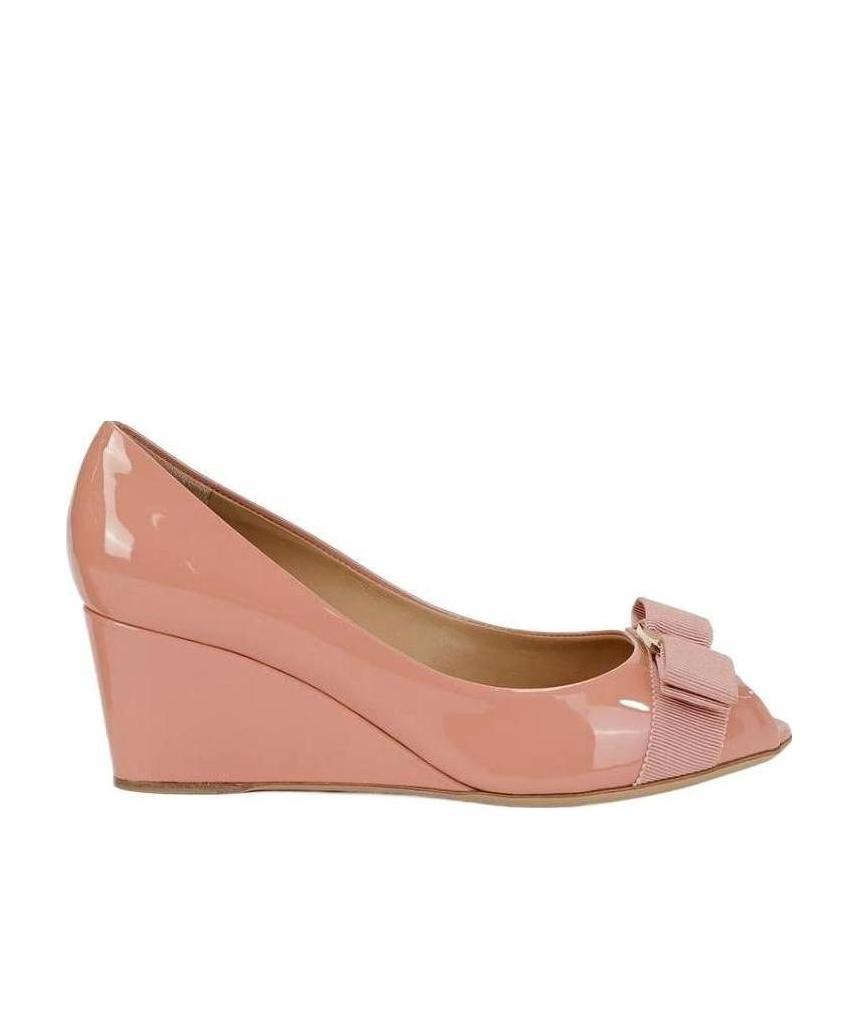 Ferragamo Peep-toe, Patent-leather Booties In Nude