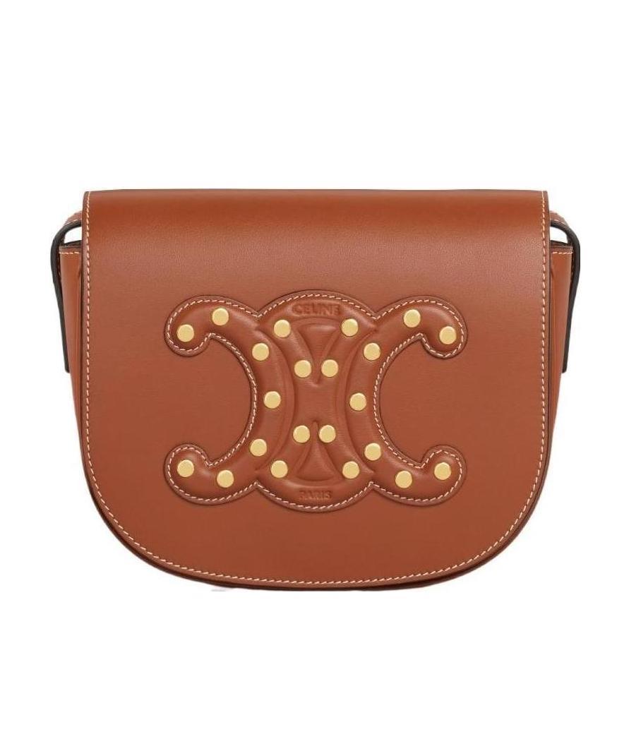 Celine Folco Cuir Triomphe Smooth Cow Leather Nailed Handbag In Brown