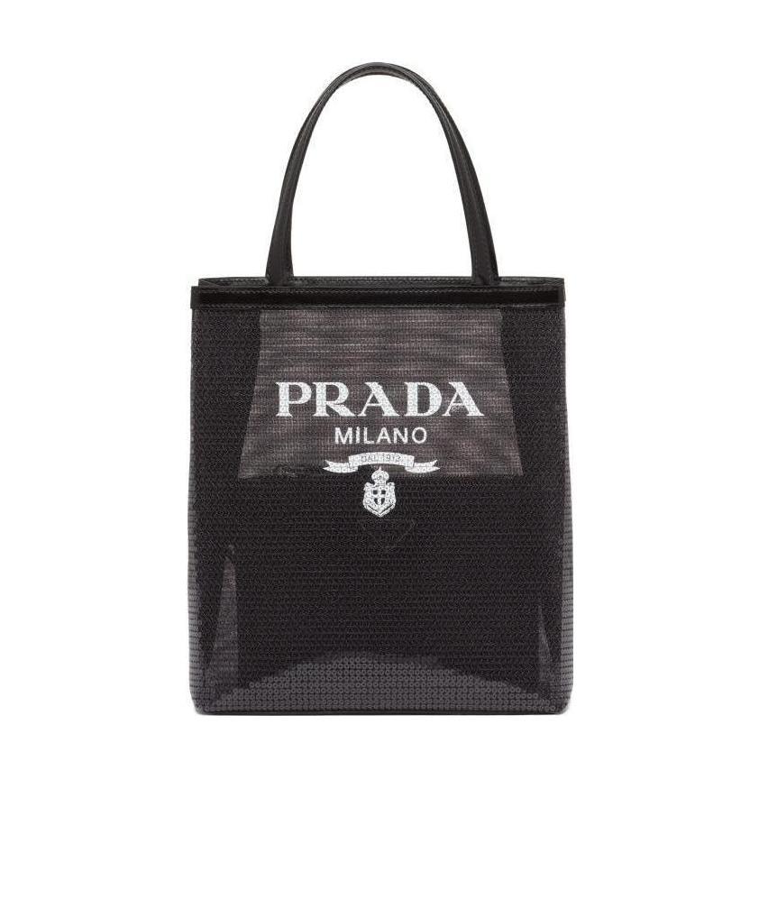 Prada Small Sequined Mesh Tote Bag In Black