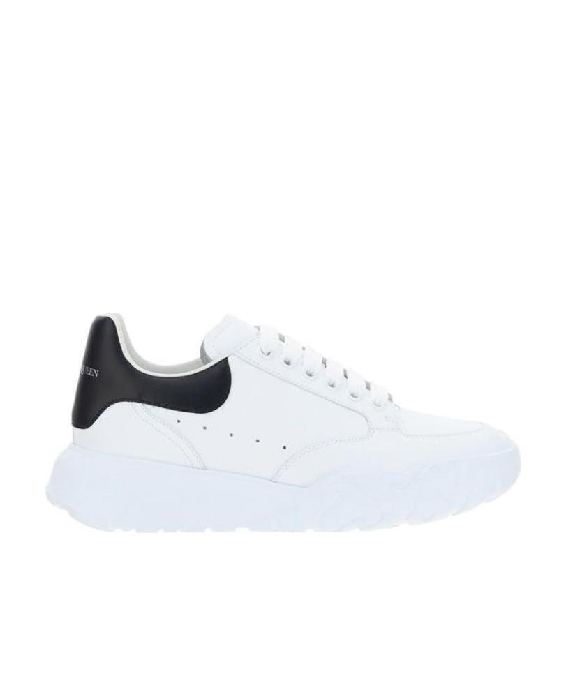 Alexander Mcqueen Leopard Sole Suede Heel Tab Leather Sneakers In White