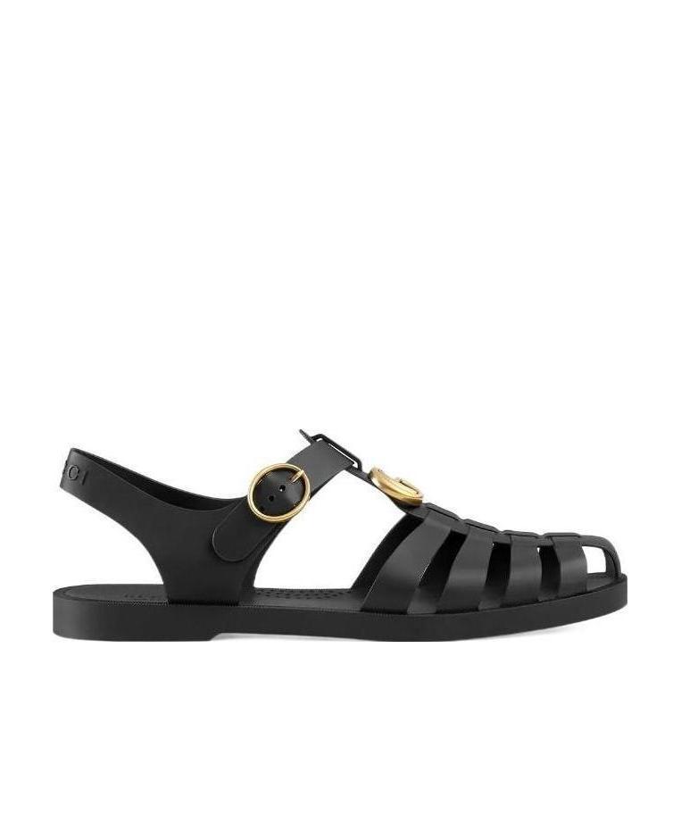 Gucci Black Sandals With Gg Logo Plaque In Rubber Man In Black