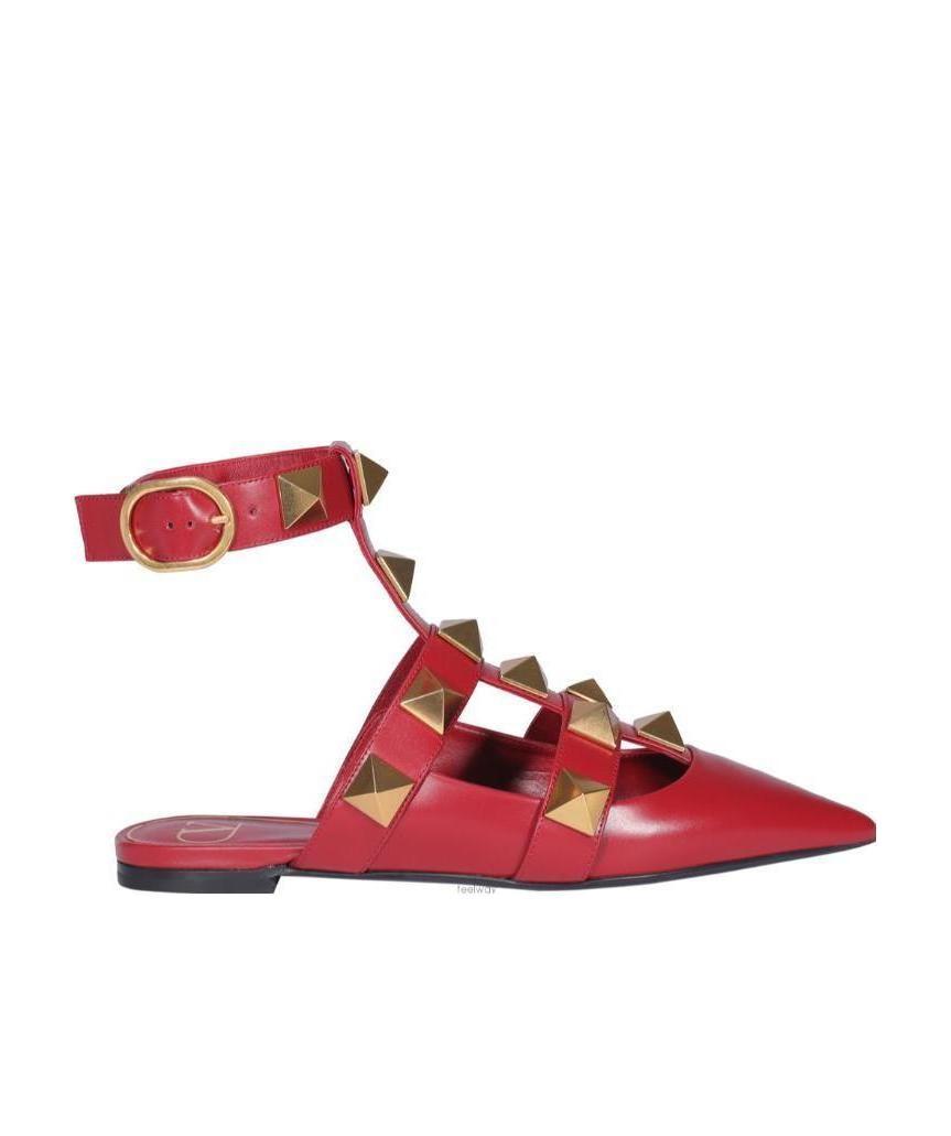 Valentino Roman Stud Leather Ankle Strap Flat In Red