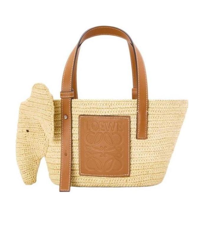 Loewe Elephant Basket Bag In Raffia And Calfskin In Nude