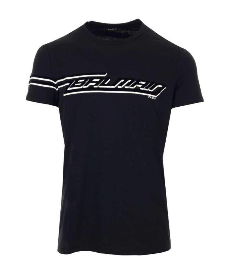 BALMAIN FLOCKED BLACK COTTON T-SHIRT WITH WHITE BALMAIN LOGO PRINT 
