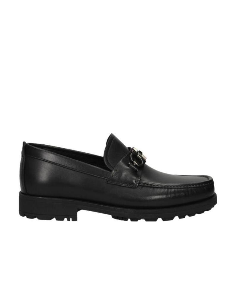 Ferragamo Leather David Loafer With Gancini Hook For Men In Black