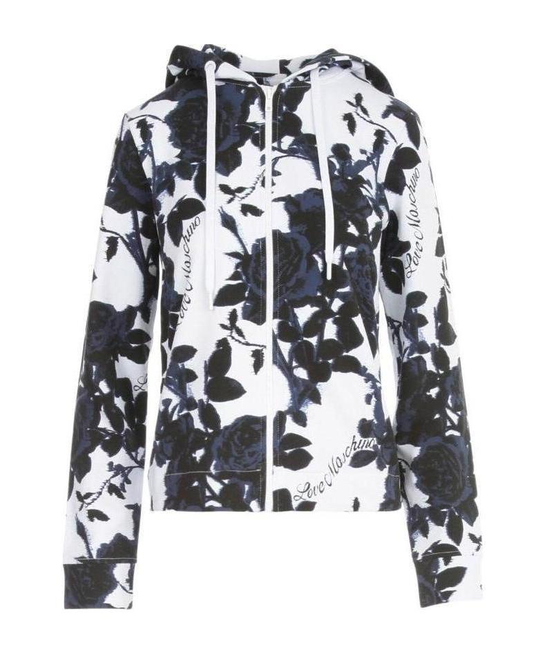 Shop Moschino Rose-print Zip-up Hoodie In White