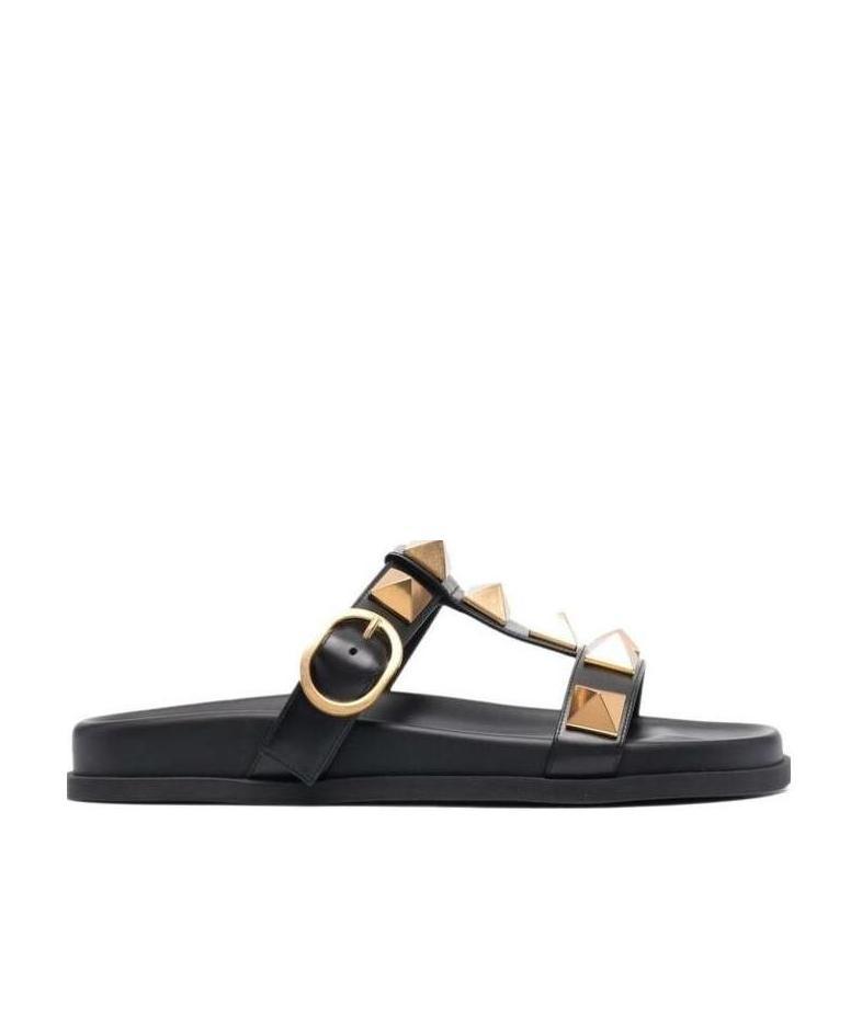 Valentino Roman Stud Leather Slides In Black