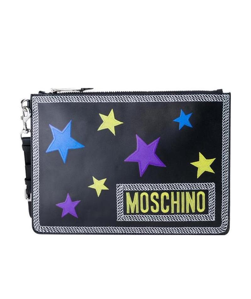 Moschino Black Five-pointed Star Letter Zipper Clutch In Black