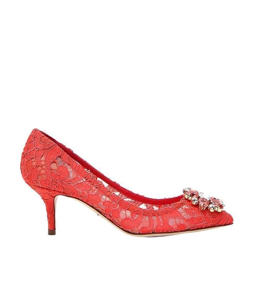 Dolce & Gabbana Bellucci 60 Brooch Embellished Lace Pumps In Red