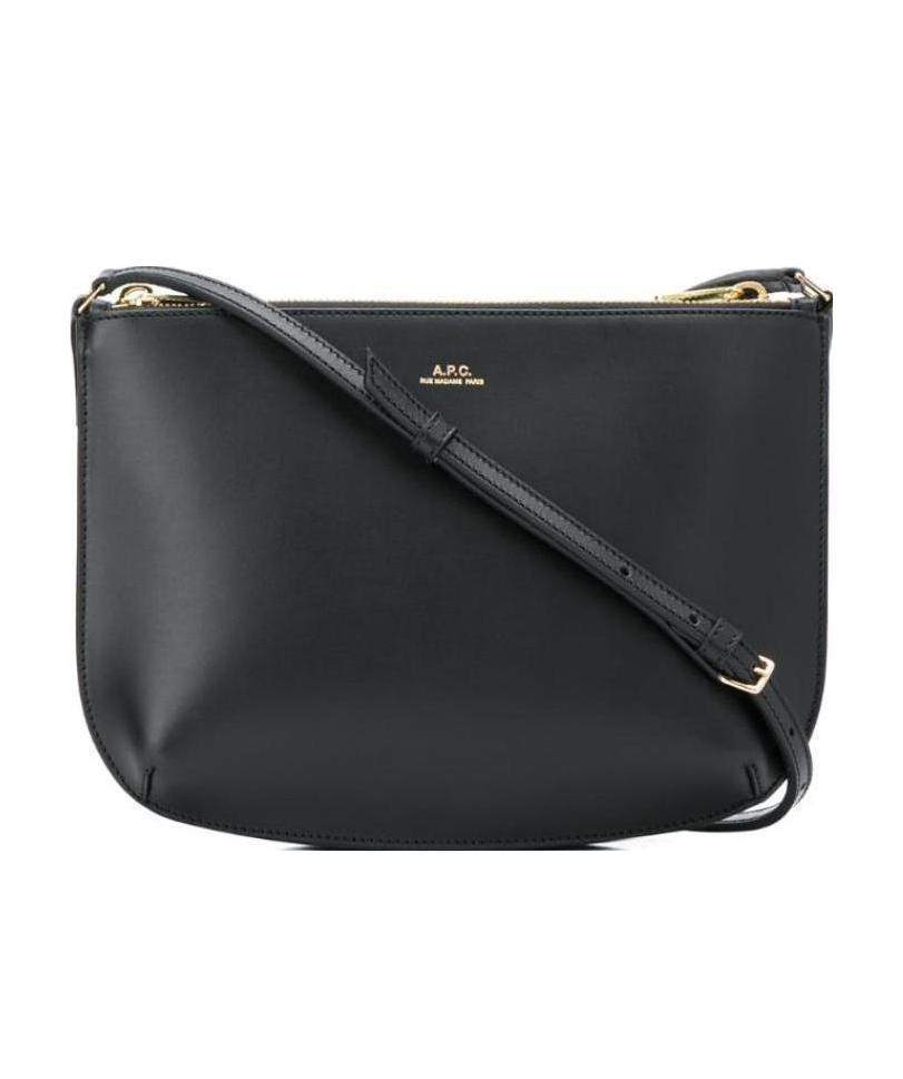 A.p.c. Minimalist Black Leather Shoulder Bag With Adjustable Strap In Black