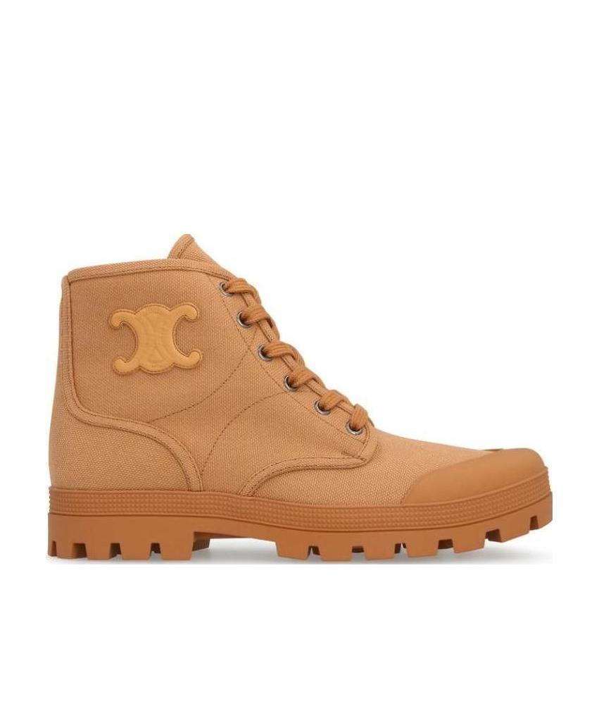 Celine Patapans Canvas Lace Up Boots In Brown